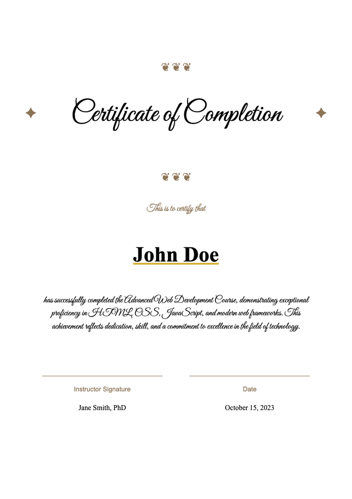 Elegant ornate certificate of completion with gold border and cursive title_variant_2